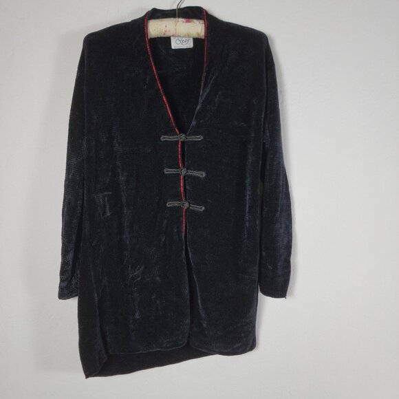 Margaret OLeary Black Chenille Long Cardigan Jacket With Red Trim & Frog Closure - Picture 1 of 7